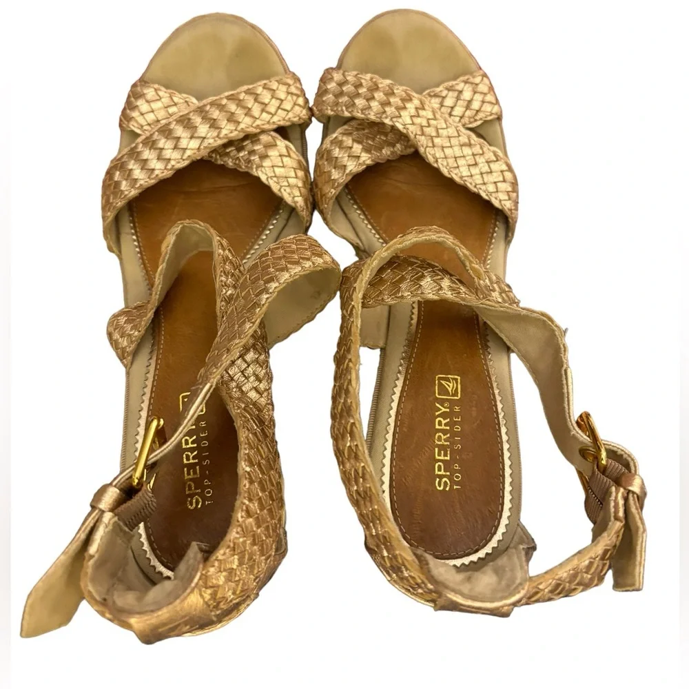 Sperry Women’s Gold Top-Sider Wedge Leather Gold Ankle Strap Espadrille Size 8.5